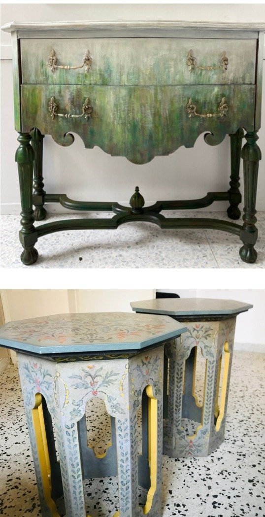 Hand-restored antique chest of drawers with custom green patina finish