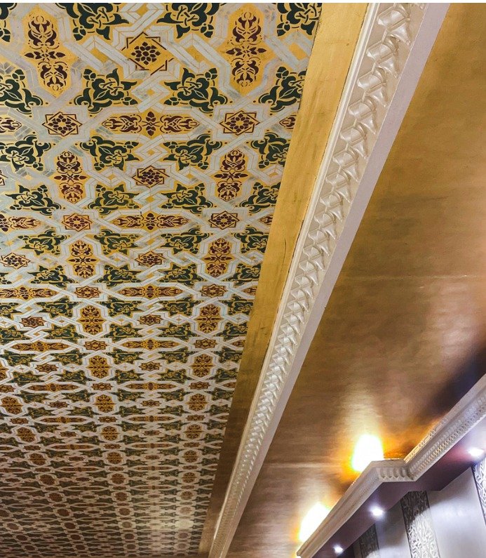 Ornate gold leaf ceiling with hand-painted arabesque detailing – Wiam Wahab's Residence