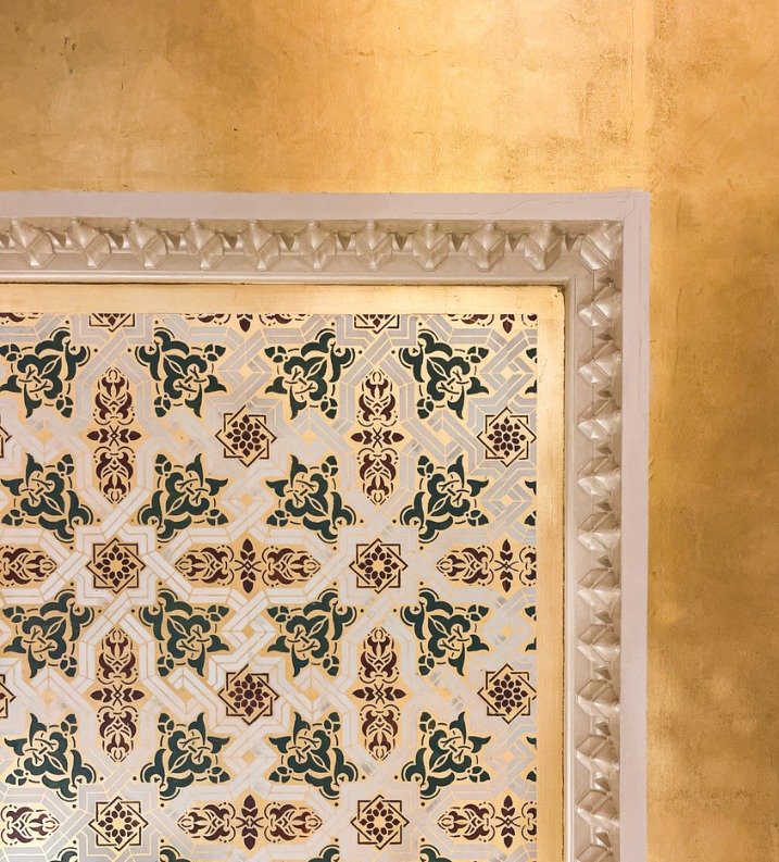 Gold leaf ceiling drop with hand-painted arabesque patterning – Wiam Wahab's Residence