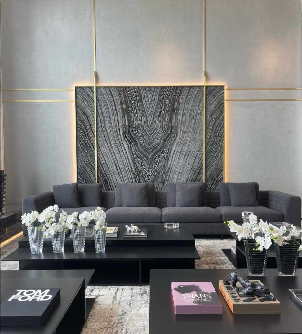 Contemporary living space with custom grey patina wall treatments – Jessica Azar Residence, Beirut