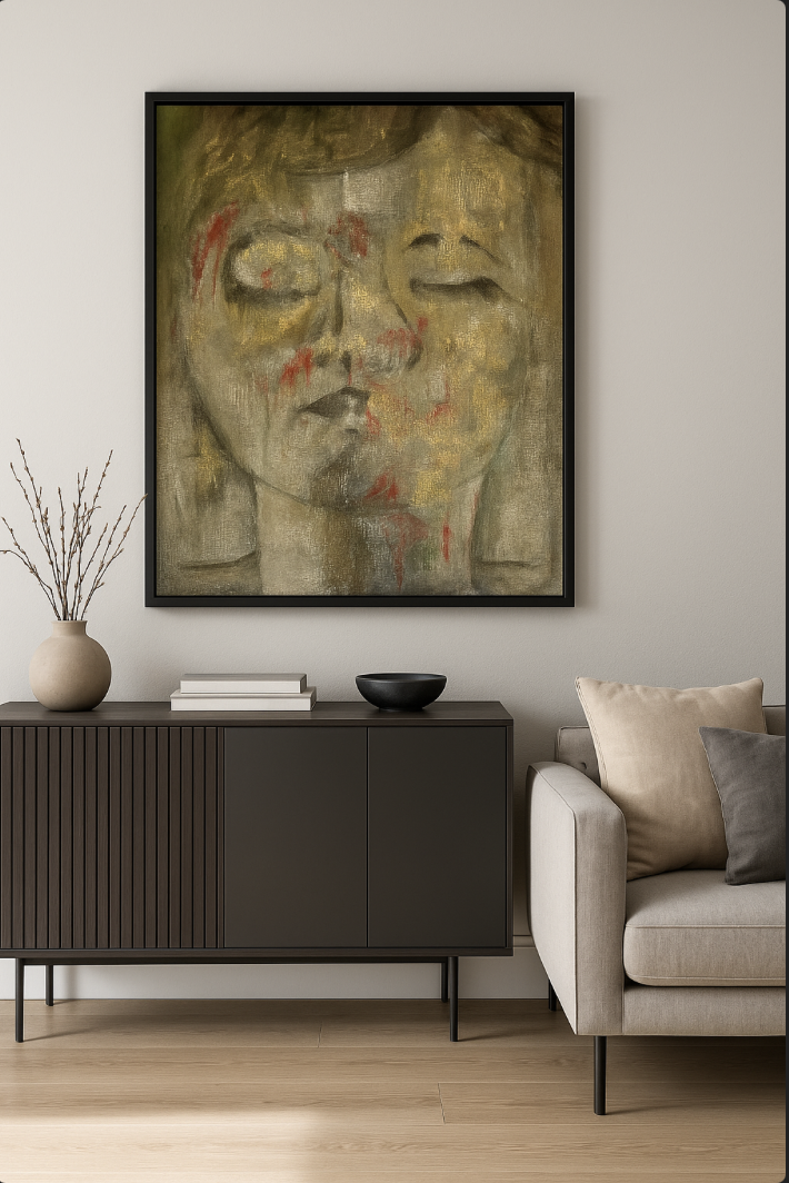 Elegance in Blue – deep blue oil painting with gold accents