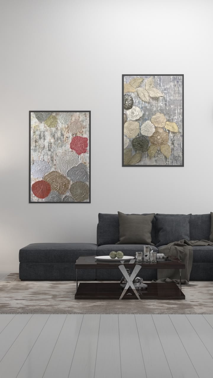 Floral Relief Duet – Textured relief florals in silver, red, and gold on a weathered ground