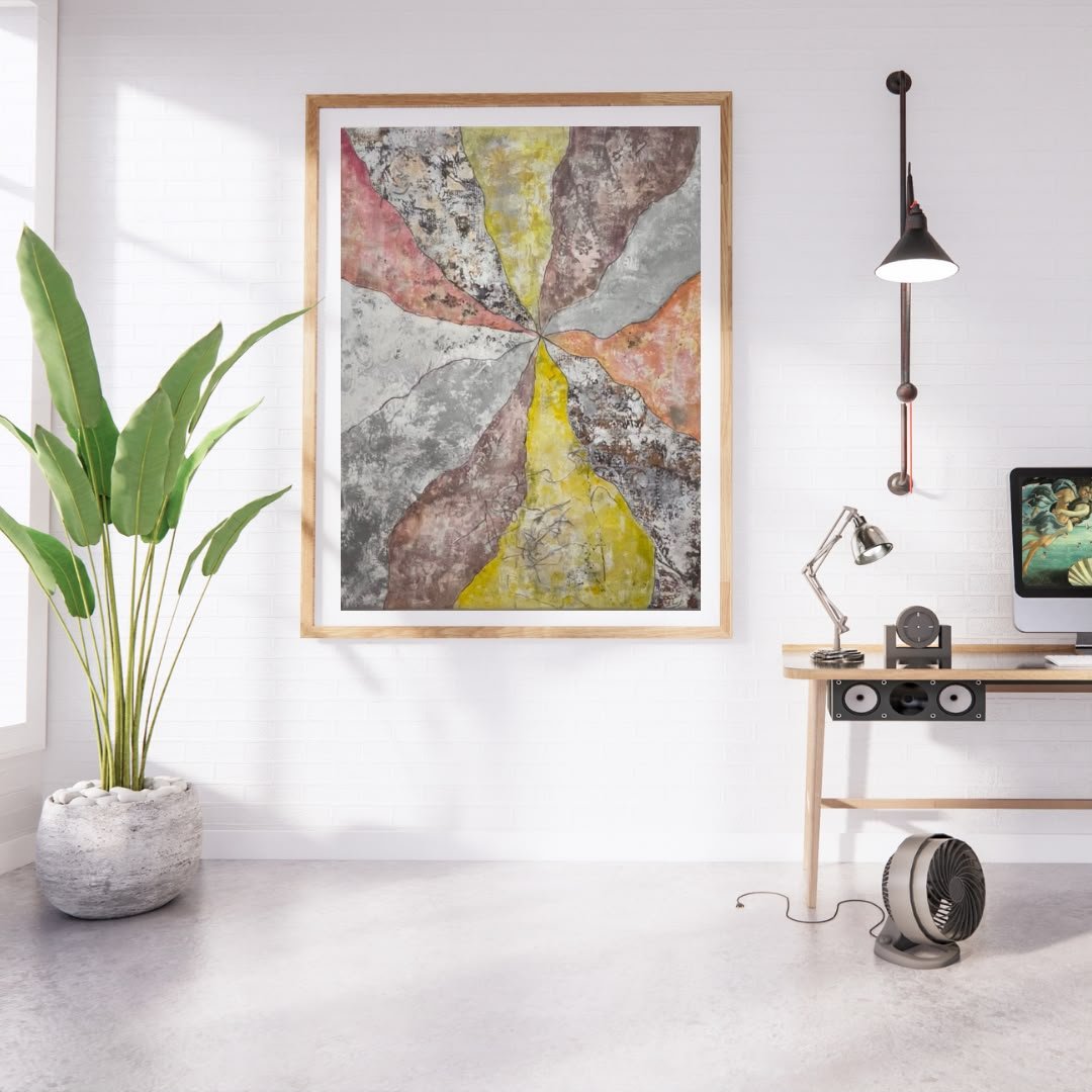 Radiant Pinwheel – Sunburst composition in coral, ochre, grey, and soft yellow