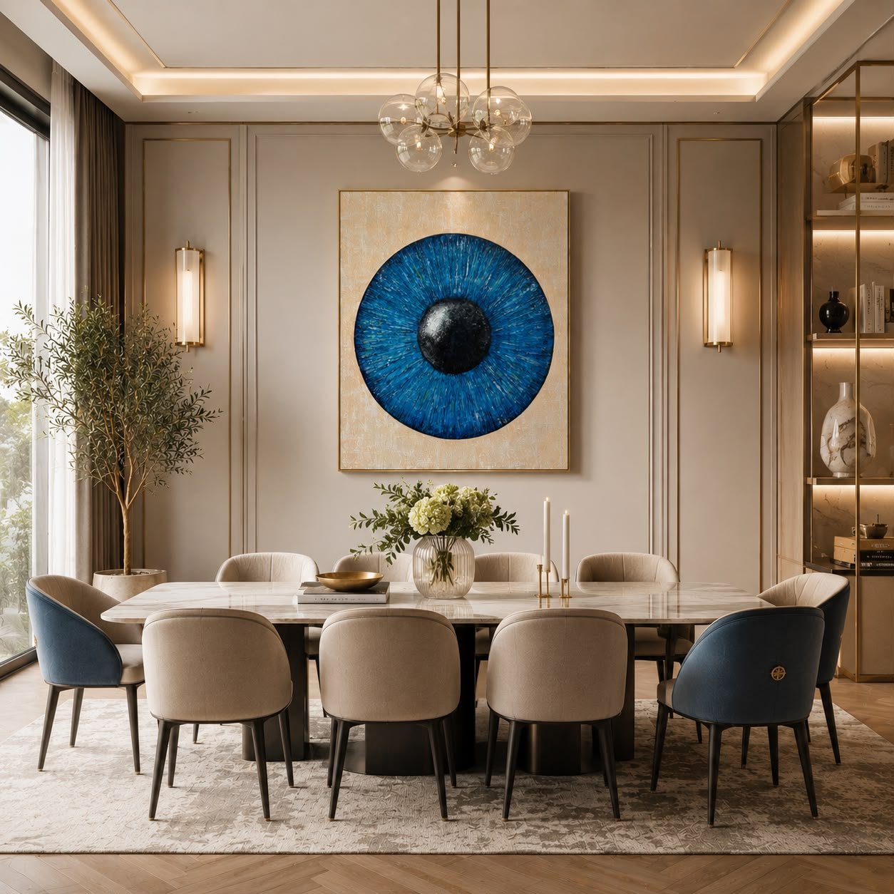 The Watcher – Bold blue iris study on a warm cream ground