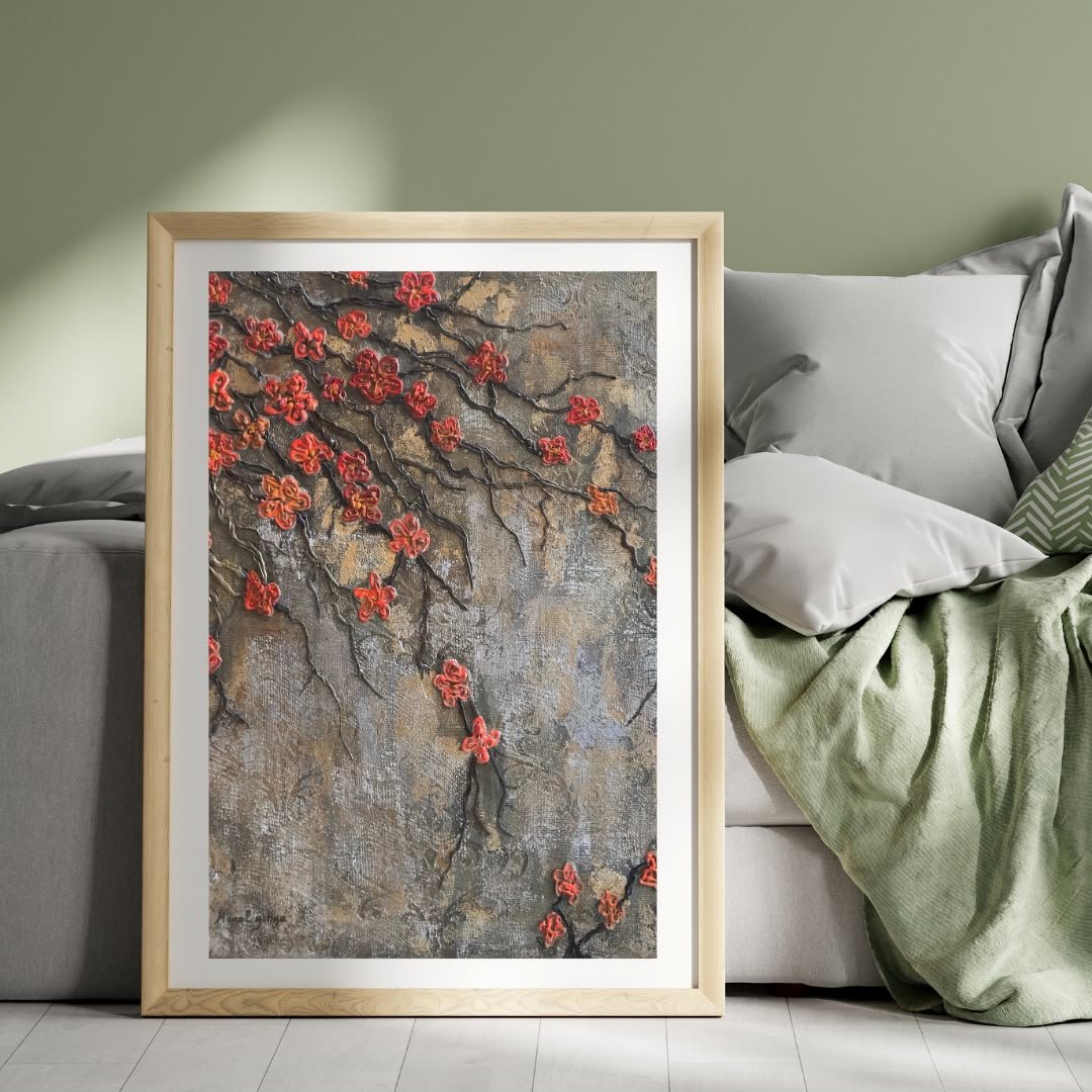 Blossoming Branch – Cherry blossom branches in red across a textured grey and gold ground