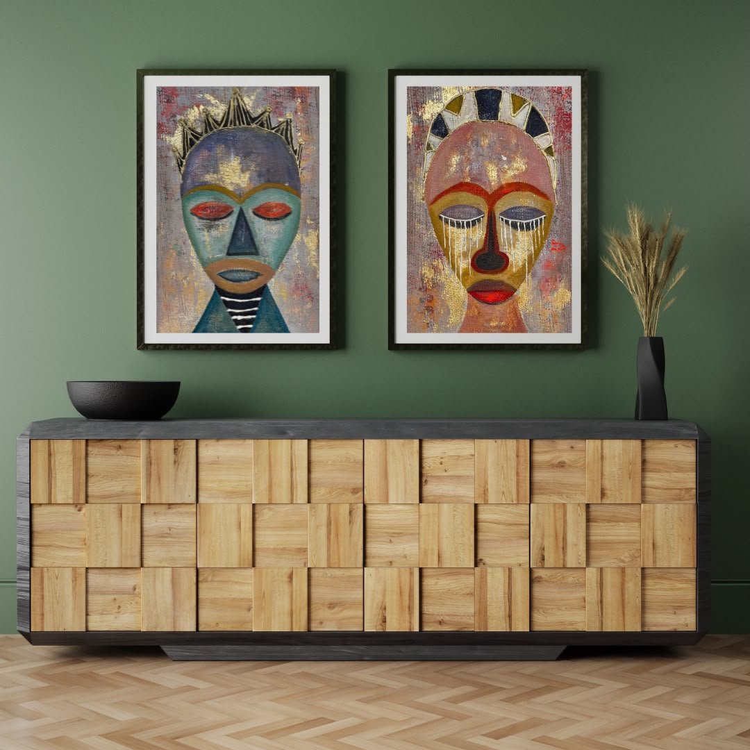 Regal Masks – stylised portrait pair in teal, gold, and crimson
