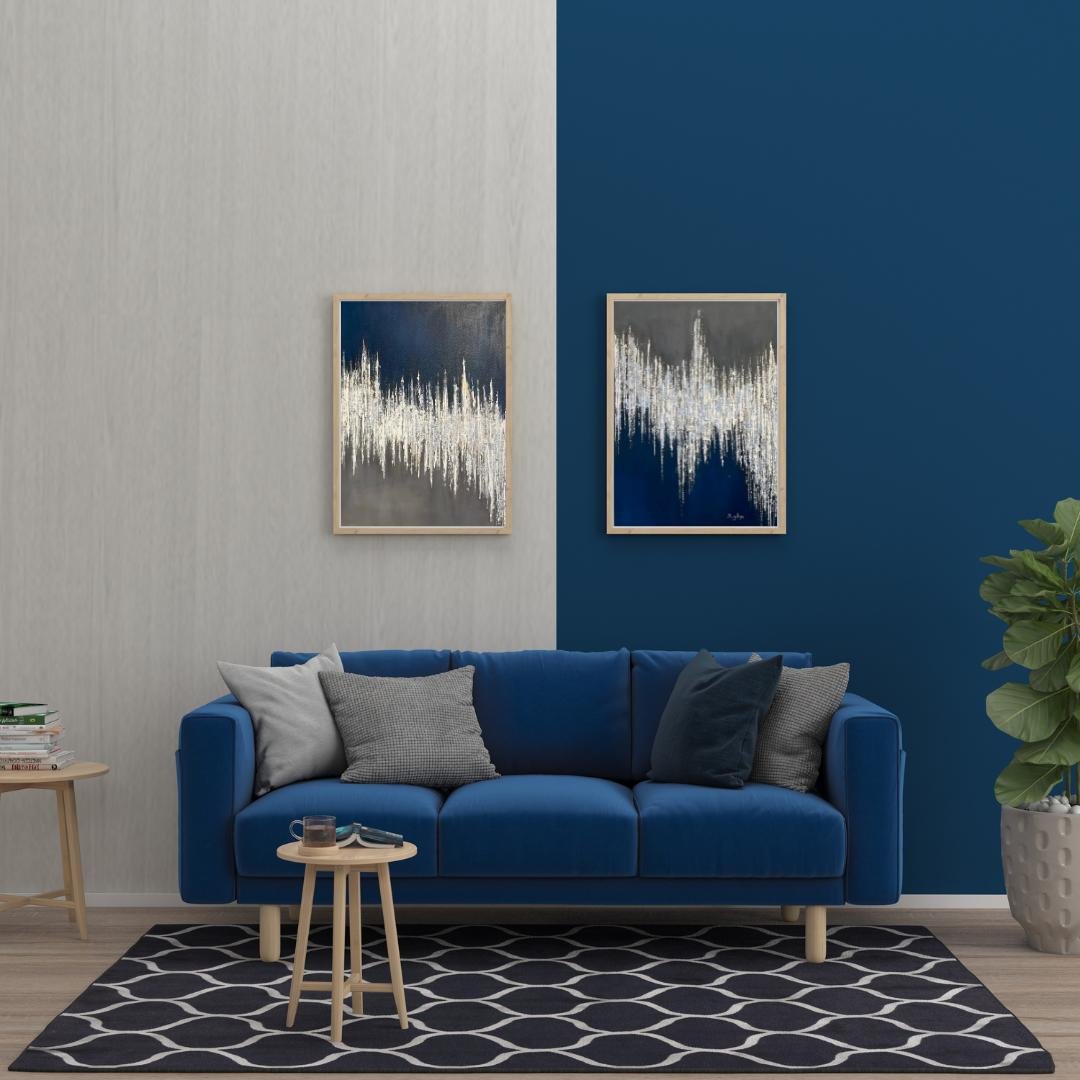 Silver Cascade – Cascading silver forms on a navy and grey split ground
