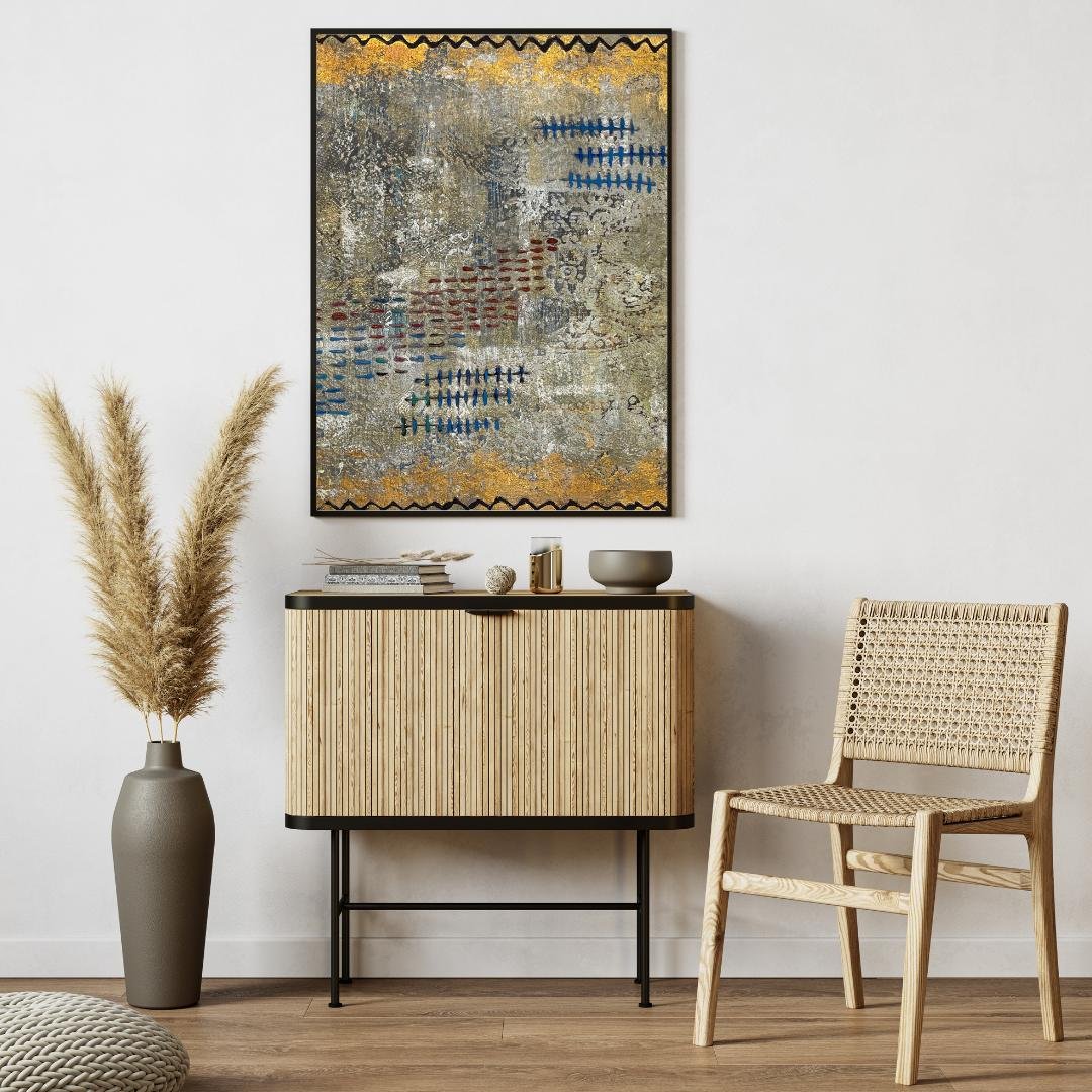 Golden Ledger – Textured abstract in gold and grey with hand-drawn tally marks