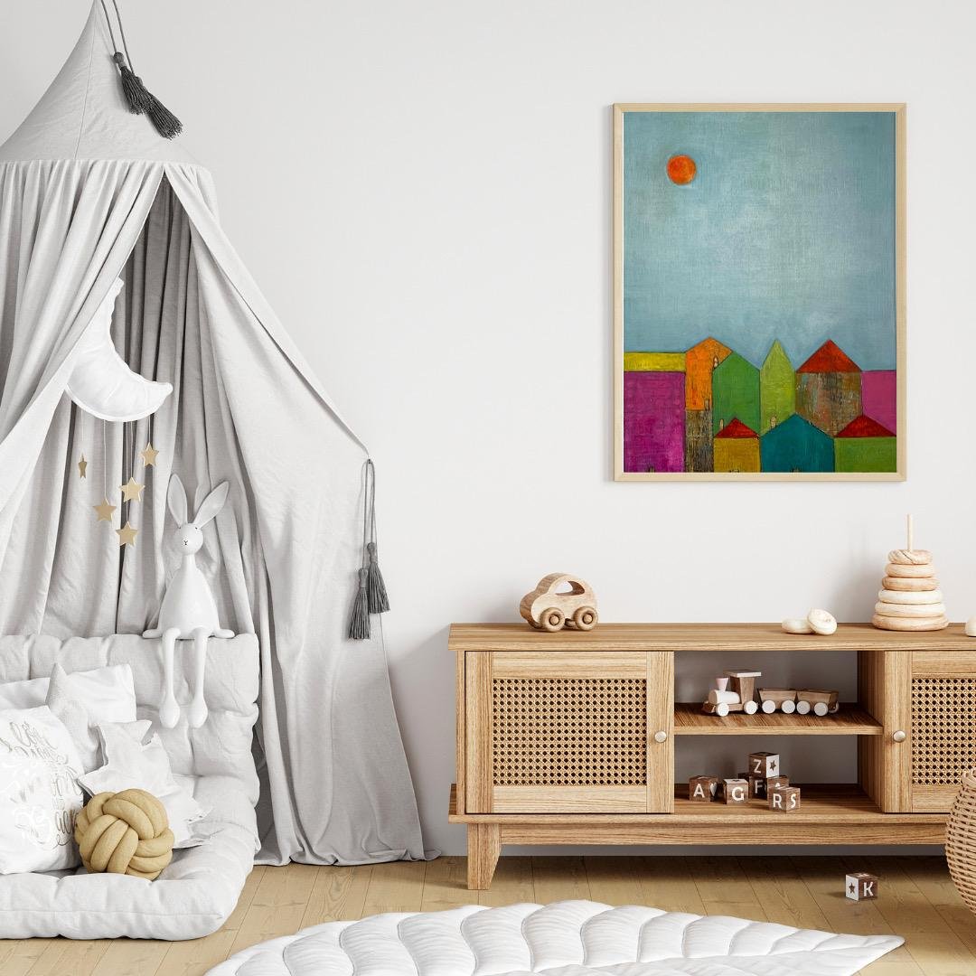 Little Village – Playful painted houses beneath a rising sun