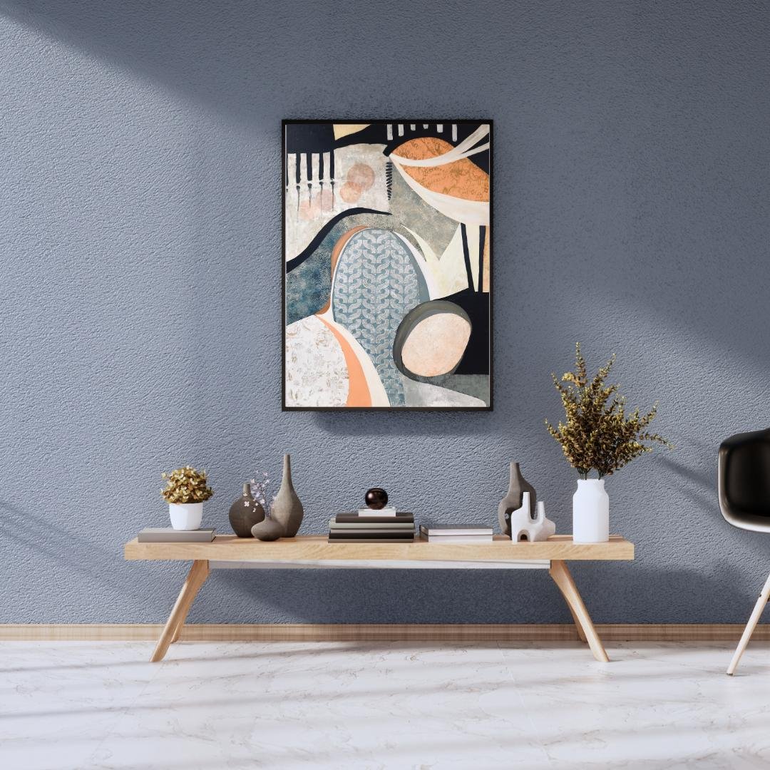 Geometric Bloom – Abstract collage in blue, orange, and grey