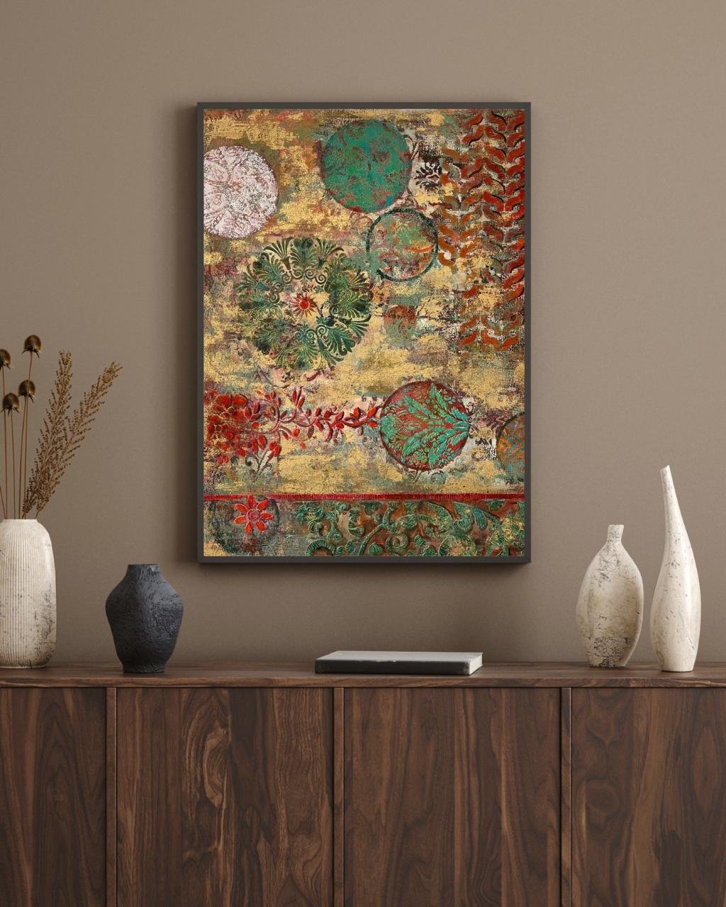 Mandala Bloom – Circular mandala motifs in gold, teal, and red