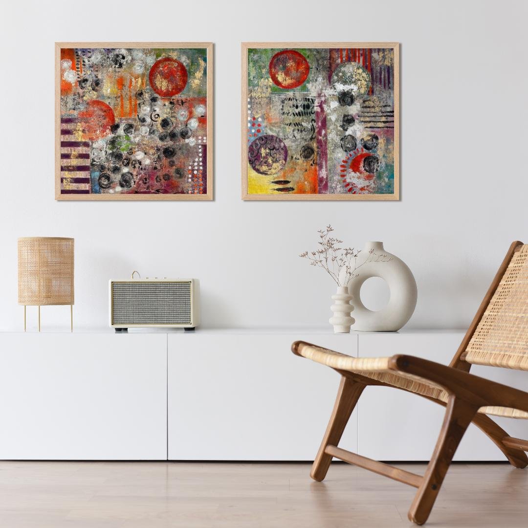 Circular Rhythm – Paired abstract compositions in black, white, red, and purple