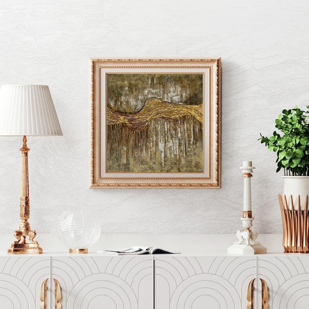 Gilded Horizon – Dramatic abstract in black, white, and gold