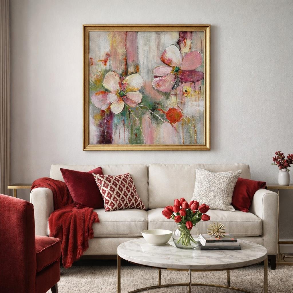 Pink Bloom Duet – Soft pink and cream blossoms on a washed ground